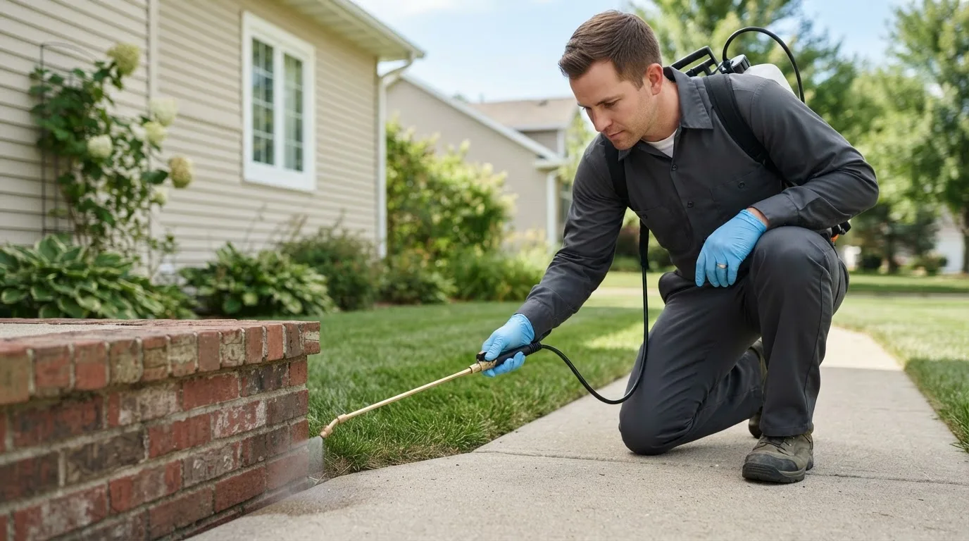 Pest control technician treating a home near West Mineral, KS